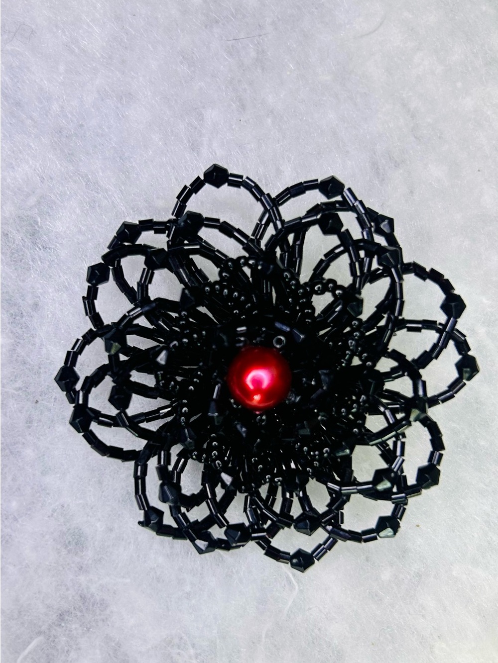 Vintage Black Beaded Floral Brooch (c. 1958–1963)